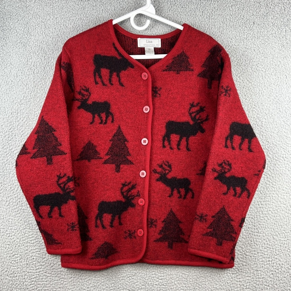 Lisa International‎ Cardigan Sweater Womens Medium Red Boiled Wool Reindeer Xmas